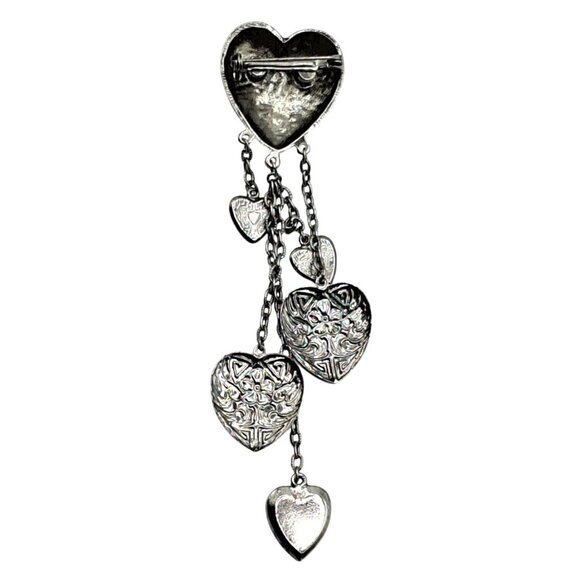 Heart Dangle Brooch Blue Rhinestones Silver Tone Chatelaine Style Pin Costume Je - Picture 5 of 9